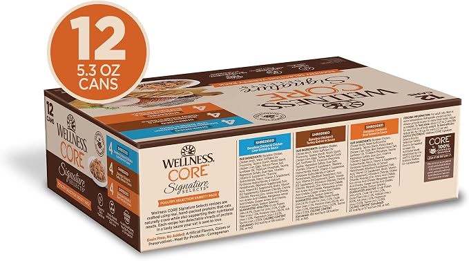 Wellness CORE Signature Selects Variety Pack Adult Canned Wet Cat Food, Natural, Protein Rich, Grain Free, Poultry Recipes, 5.3 oz, Pack of 12 Cans