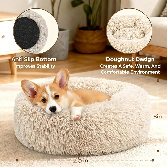 Calming Large Donut Dog and Cat Bed, Anti-Anxiety Round Soft Fluffy Plush Faux Fur Washable Anti-Slip Pet Bed for Medium Dogs Up to 35 lbs 28in Light-Brown