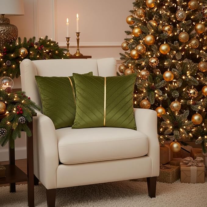 Velvet Throw Pillow Covers 16x16 Pack of 2 Gold Decor Olive Green | Soft Solid Pillow Covers,Modern Luxury Home Decor,for Couch Chair Sofa Bedroom Livingroom,Hidden Zipper,Ideal Gift,Easy Care