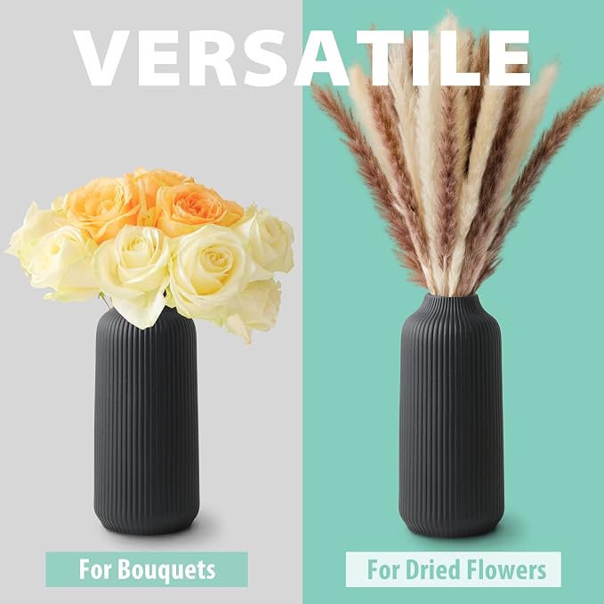 flature Ceramic Vase in Nordic Style, Decovase Large for Pampas Grass as Boho Deco, Vase Black Matt 8 inch for Flowers, Scandinavian Design Home Decoration for Fresh Flowers, Dried Flowers (Size M)