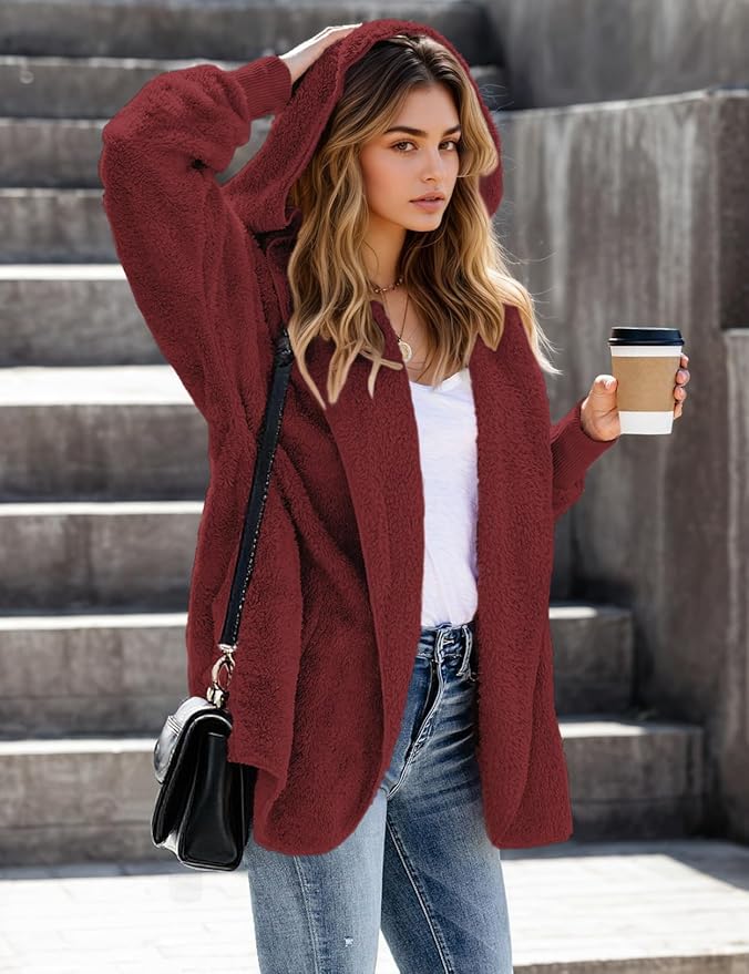 Zilcremo Women Hooded Cardigan Fuzzy Jacket Winter Open Front Fleece Coat Outwear with Pockets