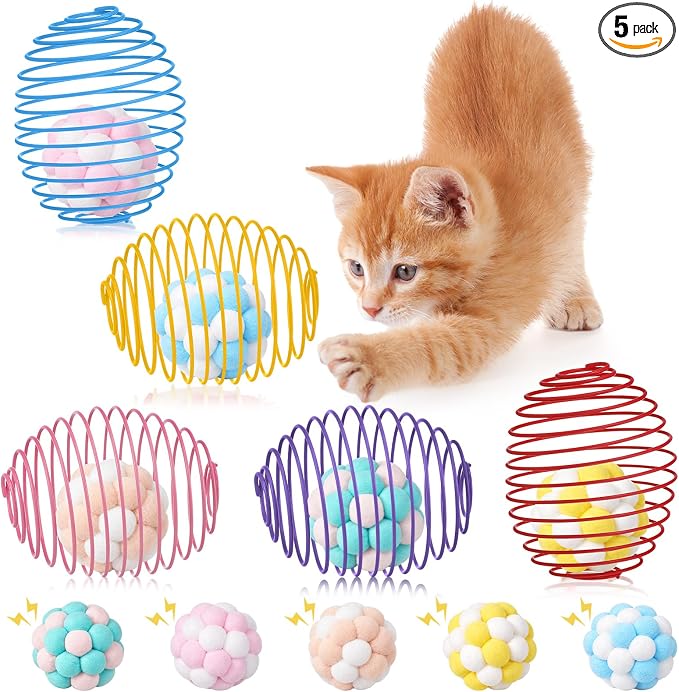 Jecery 5 Pcs Cat Toys Spring,Plush Ball,Multicolor