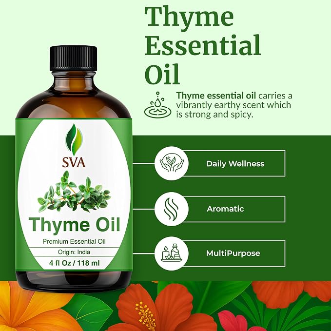 SVA Thyme Essential Oil 4 Fl Oz – for Diffuser, Skin & Hair Care – Ideal for Massage & DIY Blends – with Dropper