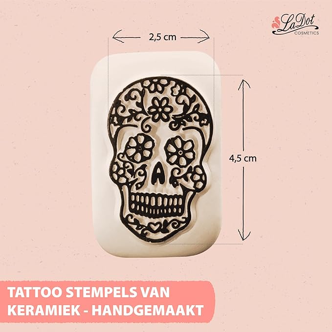 LaDot Temporary Tattoo Stamp– Easy-to-Use Reusable Ceramic Skin Stamp for Creating Custom Temporary Tattoos – Fun Body Art Tool for Parties, Events, and Festivals (Sugar Skull, Medium)