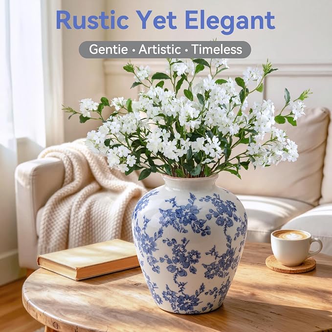 Ceramic Flower Vase Home Decor,8 Inch Blue and White Porcelain Vases,Vintage Table Vase for Farmhouse Rustic Living Room Kitchen Bedroom Shelf Office Desk Coffee Dining Fireplace