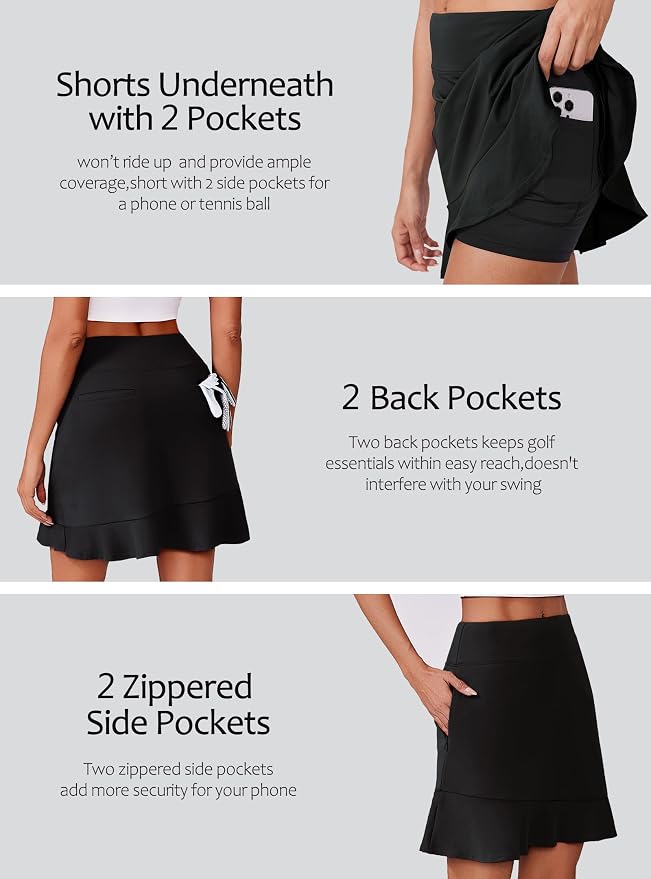 PINSPARK 18" Golf Skorts for Women with 6 Pockets Ruffle Athletic Skort | Above the Knee,High Waist,UPF 50+,4-way Stretch,Lightweight,Ruffle Hem,Tennis,Casual,Work,Pickleball