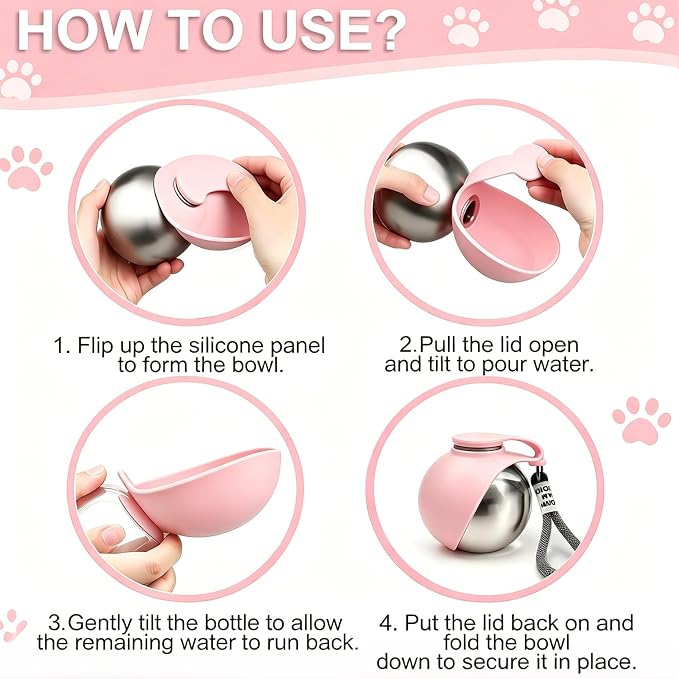 Dog Water Bottle Portable, 2in1 Round Dog Water Bowl Stainless Steel 10oz