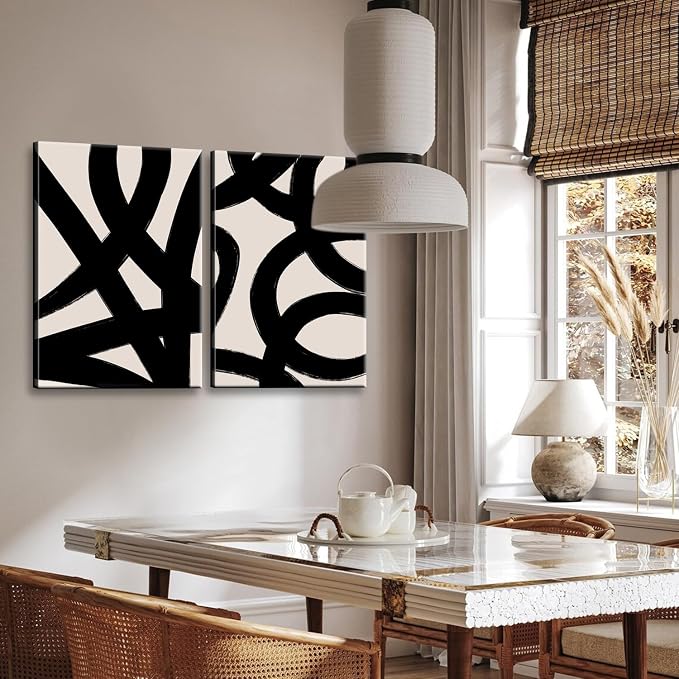 Framed Abstract Wall Art Canvas Set Lines Pictures Modern Mid Century Boho Wall Decor Minimalist Abstract Black Stroke Lines Canvas Painting Artwork Living Room Bedroom Home Office 12"x16"x2