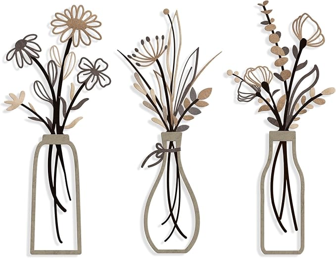 Pigort 3 Pieces Metal Flowers Wall Arts - Rustic Farmhouse Style Décor Metal Wall Art Black Minimalist Flower Natural Themed Wall Decors for Home Bedroom Dining Room Housewarming (Brown)