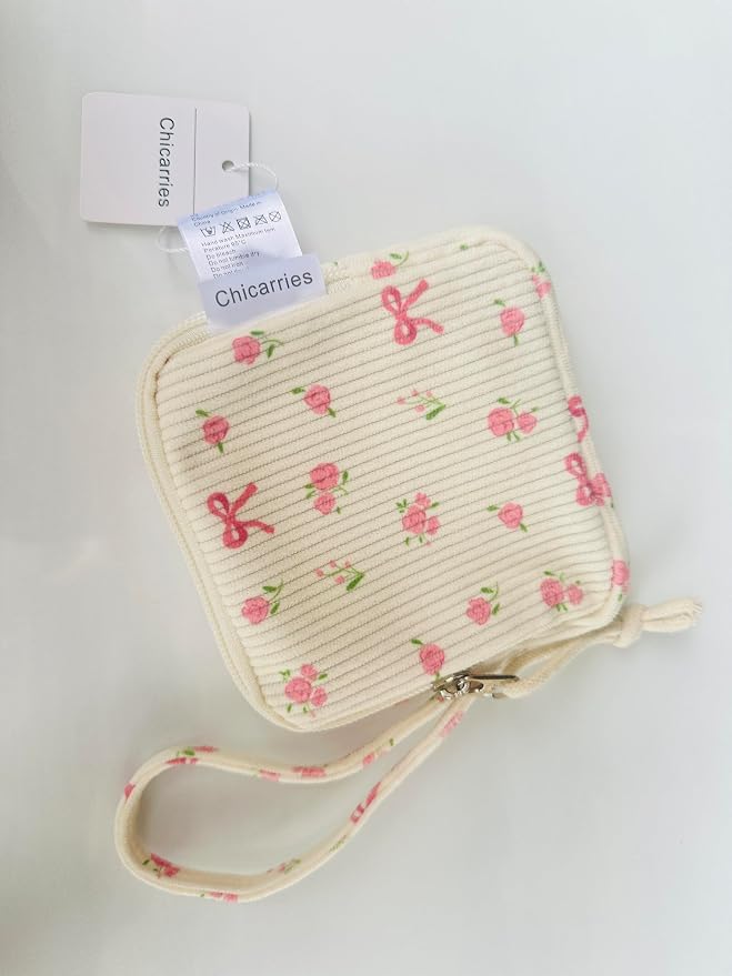Small Makeup Bag | Discreet Period Bag Pad Pouch for Purse| Sanitary Napkin Storage & Tampon Holder for Travel Wallets and Handbags(Flower bow beige)