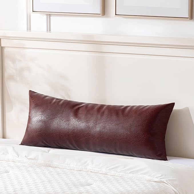 Fancy Homi Burgundy Boho Long Lumbar Faux Leather Body Decorative Throw Pillow Cover 14x36 Inch for Bed Couch Sofa Bench, Thick Stylish Solid Wine Red Pillowcase, Rustic Modern Farmhouse Room Decor