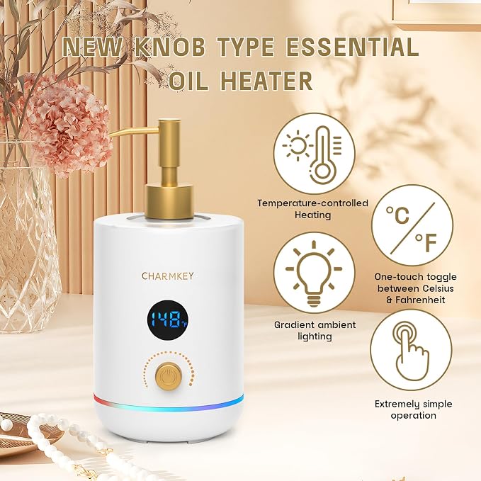 CHARMKEY Massage Oil Warmer White, 2 Oil Bottle Dispensers & 2 Silicone Funnels, Digital Heater for SPA, Oil Lotion Cream for Salon, Barber Shops, Home, Automatic Lotion Warmer