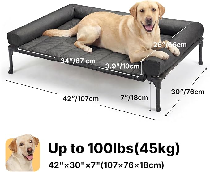 Veehoo Outdoor Elevated Dog Bed with Waterproof Bolster Cushion, Cooling | Raised Dog Bed with Removable & Washable Mat Topper, Breathable Mesh, Dog Couch Cot for Indoor Outdoor, 42", Large, Melange