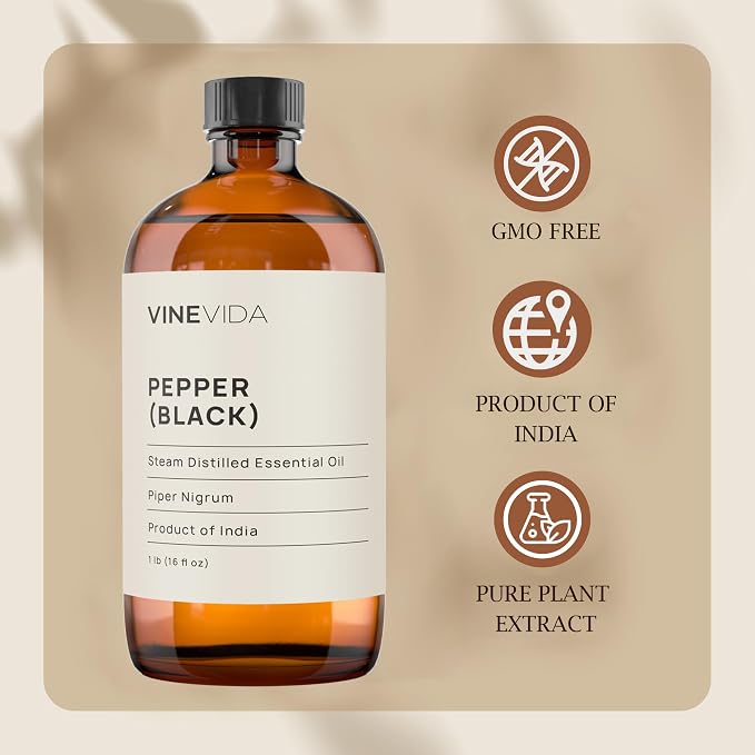 VINEVIDA Black Pepper Essential Oil 16 oz - Undiluted Oil - DIY Candle Scents - Bulk Oil for Soap Making