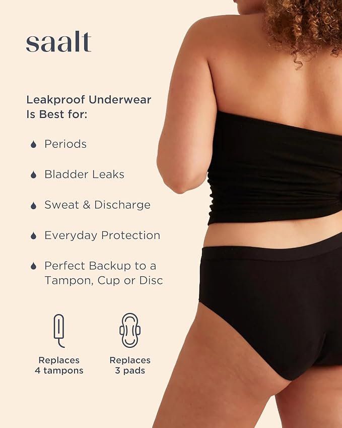 Saalt EveryWear Cotton Brief - Leakproof Period Underwear - Mid-Rise, Full Coverage Womens Underwear - Reusable & Washable - Replaces 3 Pads or 4 Tampons - X-Large, Volcanic Black