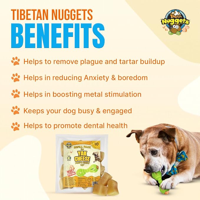 Tibetan Dog Chew Nuggets Refill Pack for Yak Cheese Puff & Chew Toy | 10 All-Natural, Easy-to-Digest Yak Cheese Nuggets | Must Microwave to Puff | Supports Gut Health & Teeth Cleaning