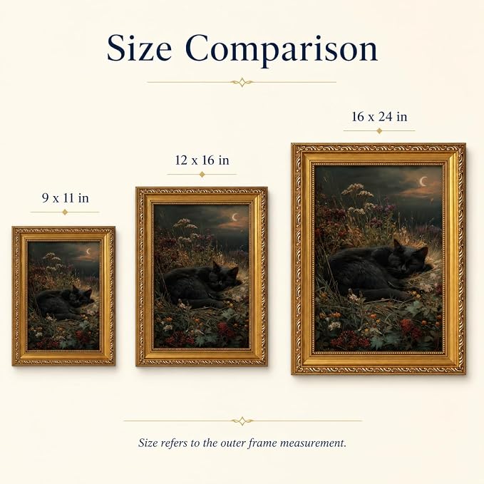Framed Black Cat Canvas Wall Art,Vintage Animal Picture Wall Decor11x9in | Gothic Botanical Cottagecore Cat Art,Dark Academia For Bedroom, Living Room, Office Or Gallery Wall