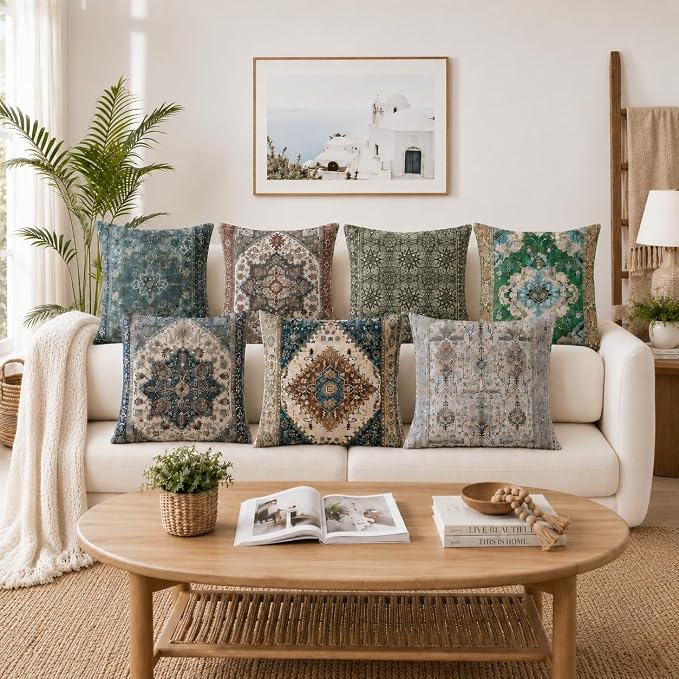 Boho Throw Pillow Covers 18x18 inch Set of 2,Soft Pillowcases Bohemia Carpet Printing Pattern Decorative Sofa Living Room Bed Square Pillow Case Cushion Cover-Green Flower