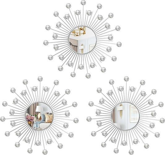 3 Pack Metal Mirrors for Wall Sunburst Wall Mirrors Home Décor Decorative Hanging Wall Art for Living Room Bedroom Entryway (Silver2 Crystal, Sunburst)