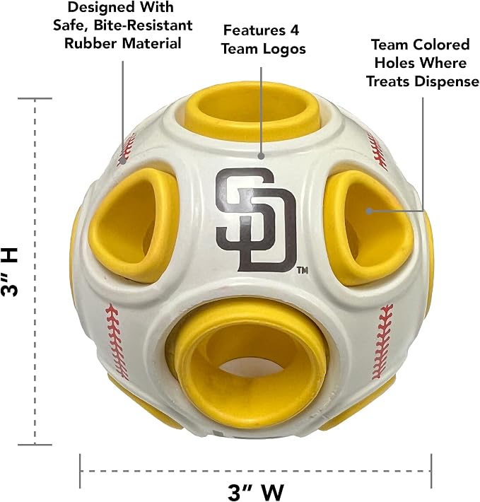 Pets First MLB San Diego Padres Baseball Treat Dispensing Toy for Dogs and Cats - Interactive Fun Natural Rubber Ball for Feeding