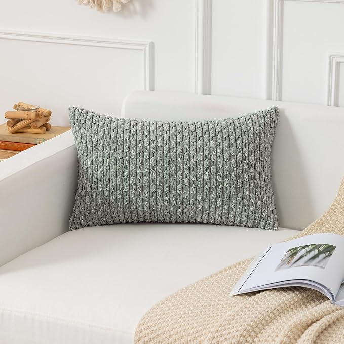 Kevin Textile Soft Corduroy 14"x20" Lumbar Pillow Cover 1 Pack, Grey Green | Boho Stripe Plush Corduroy Decorative Oblong Cushion Cover Modern Farmhouse Home Decor for Sofa Couch Bed Chair