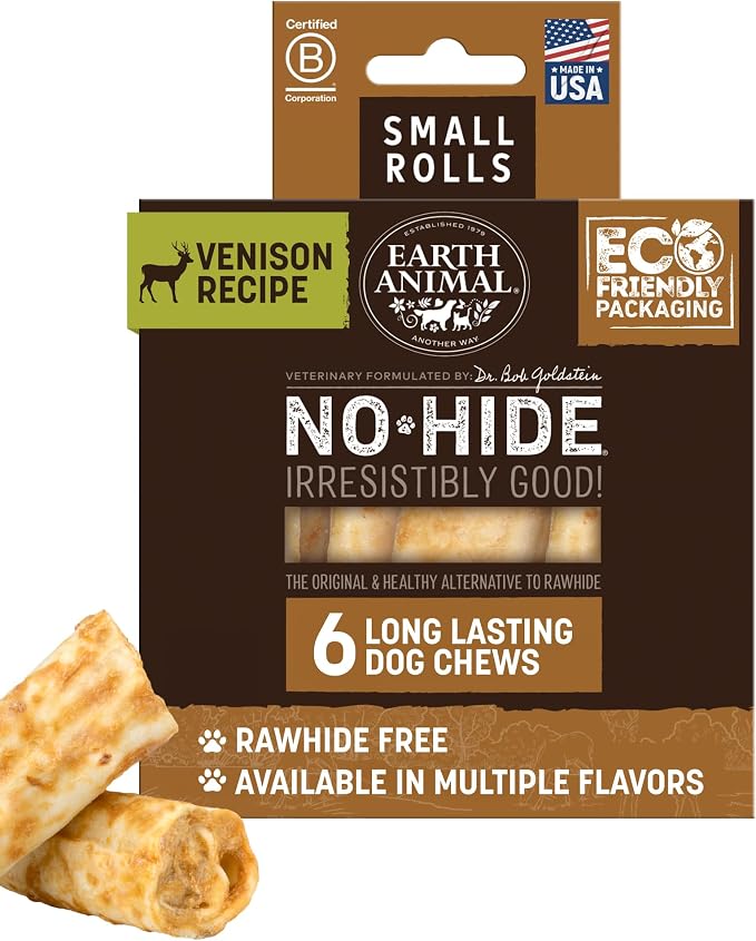 Earth Animal No Hide Dog Chews - Rawhide Free Small Rolls 6 Count Venison | Small Rolls Venison Flavored Natural Rawhide Free Long Lasting Dog Chews - Pet Treats for Small Dogs