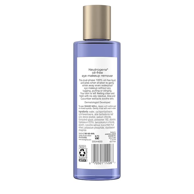 Neutrogena Gentle Oil-Free Eye Makeup Remover & Cleanser for Sensitive Eyes, Non-Greasy Makeup Remover, Removes Waterproof Mascara, Dermatologist & Ophthalmologist Tested, 8.0 fl. oz (Pack of 2)
