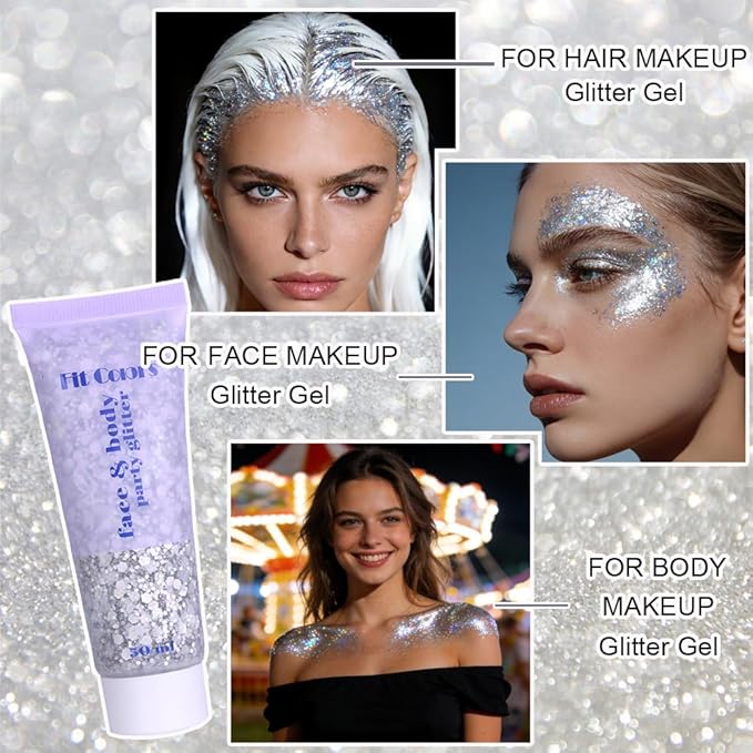 Silver Face Body Hair Glitter Gel for Women and Kids, Monochrome Holographic Mermaid Sequins Chunky Glitter Paint Makeup for Mardi Gras Halloween Festival Rave Outfits Accessories, 1.7oz, #05