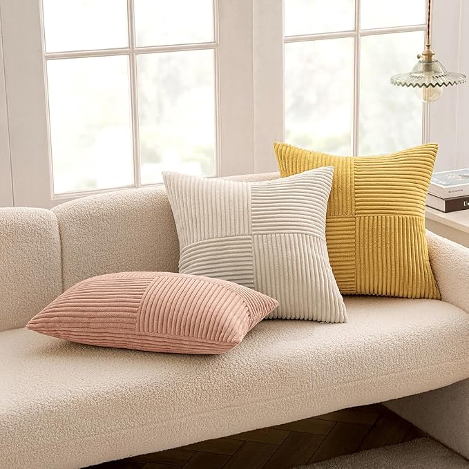 MIULEE Golden Mustard Decorative Throw Pillow Covers for Couch 16x16 Inch | 2 Pack, Boho Farmhouse Pillow Covers, Soft Cross Corduroy Patchwork Textured Cushion Cases For Bed Sofa