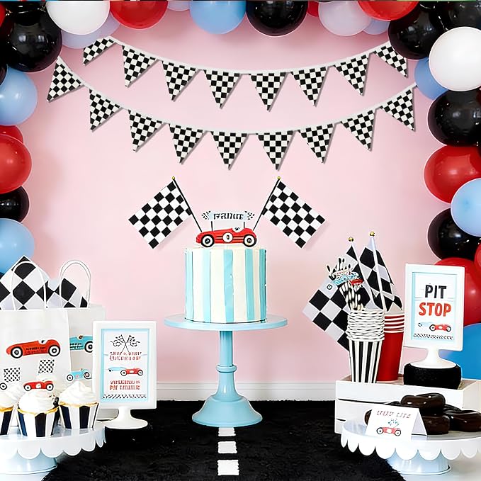 Boys Room Wall Art Decor,Cars Room Decor for Toddler Nursery Playroom, Black and White Checkered Garland Banners,(Set of 2）Racing Flags 11Ft Bunting Flags Fabric for Baby Shower Birthday Party