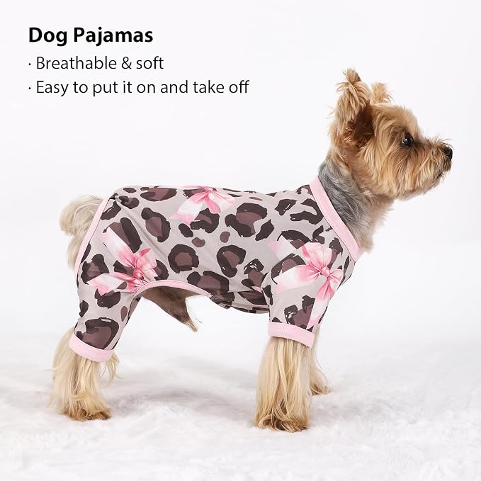 DaFuEn Dog Pajamas for Small Dogs - Soft Stretchy 4-Legged Puppy Onesie & Jumpsuit - Breathable Dog PJs Sleepwear Clothes for Yorkie, Chihuahua, Toy Poodle, Boy & Girl (Brown Leopard Print,XS)