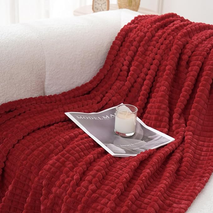 Puncuntex Fleece Throw Blanket Red 50"×70" with Square Grid Design | Super Soft Plush Cozy Flannel Throw Blanket Luxury for Couch Sofa Chair