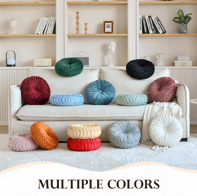 Teieas Round Pillows Velvet Pleated Circle Pillow Floor Pillows Burgundy | Boho pumpkin bed decoration pillows,for bedroom,couch,chair,sofa,car,home 14.96''