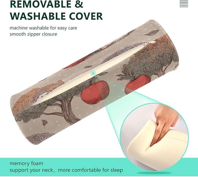 Hedgehogs Apple Trees Brown Neck Roll Pillow Bolster Round Health Memory Foam Long Cervical Cylinder Pillows with Removable Washable Cover for Body Bed Legs Back Yoga