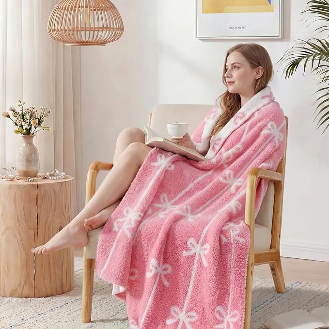 Soft Throw Blanket for Couch-Cozy Reversible Knitted Blankets | Lightweight Warm Fluffy Decor for Women, Mom, Her & Girls, Sofa, Chair, Bed, 50x60in, Pink Bow
