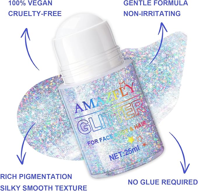 Roll-on Holographic Body Glitter Gel for Face and Hair, Chameleon Color Changing Glitter Gel Under Light, Chunky Mermaid Sequins Festival Party Rave Accessories Body Shimmer Makeup (Glint-Rainbow)