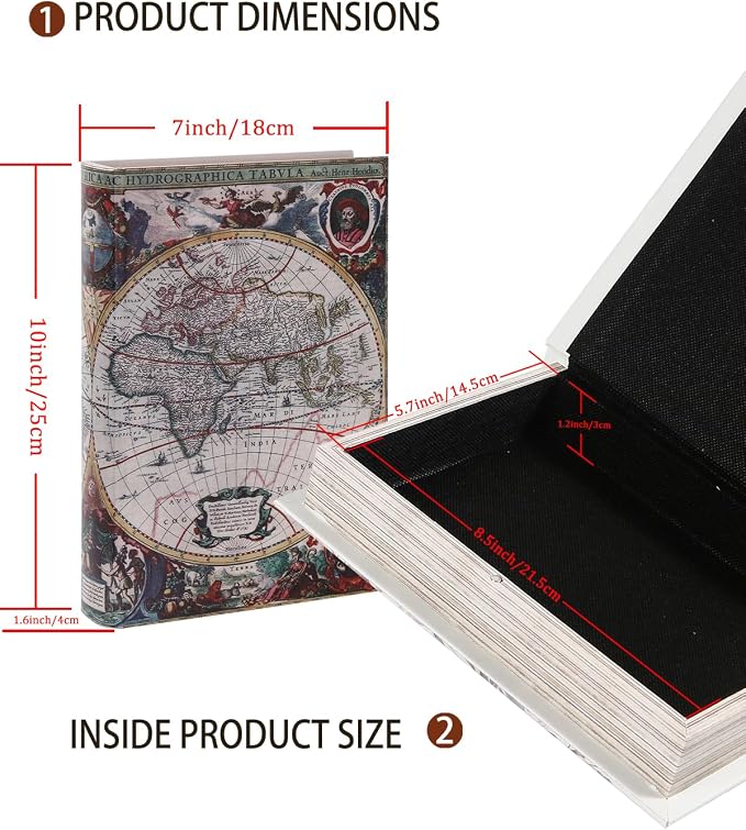 Decorative Wooden Book Box - Vintage Faux Book Boxes for Home Decor, Secret Storage with Magnetic Closure, Antique Style, Map Leather Cover Design, Perfect for Home Office Bookshelf, 10x7x1.6 Inches