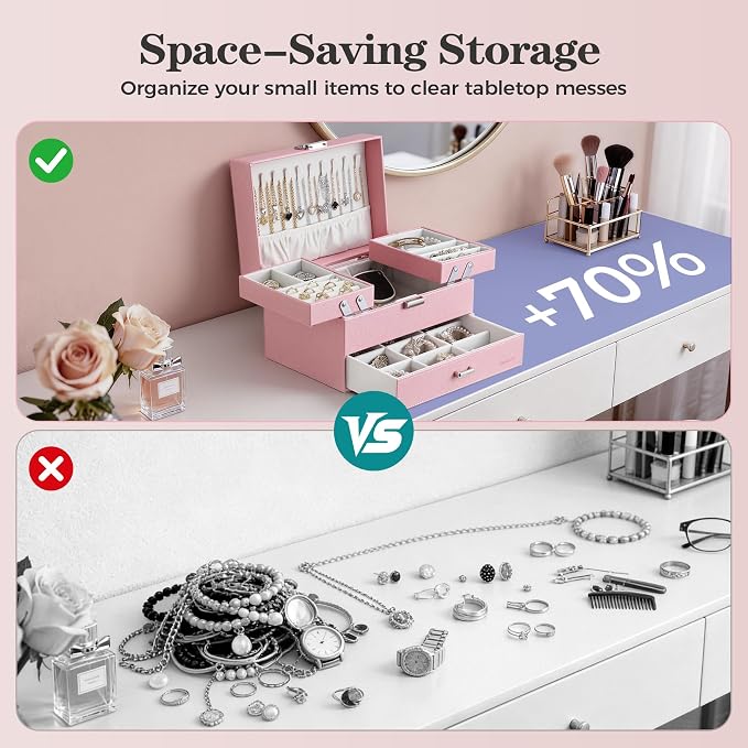 Jewelry Organizer Box, Large Jewelry Boxes for Women Girls, Space-Saving 3 Layers Jewelry Storage Case with Drawer, Gift Idea, Movable Metal Stand, Modern (Pink)