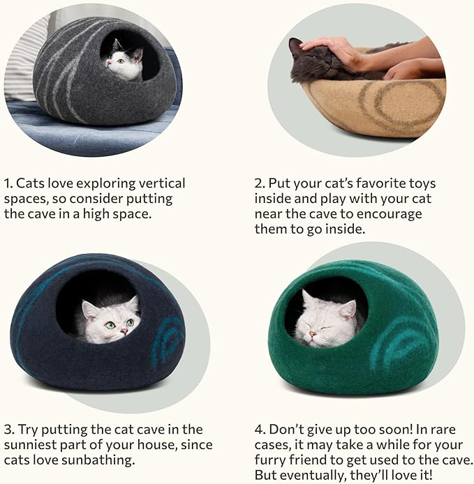 Cat Cave - Merino Wool Bed for Indoor Cats (Emerald, Medium) | Cat Bed Enclosure, Premium Felt, Handmade, Super Soft, Lightweight, Breathable, Adjustable Shape