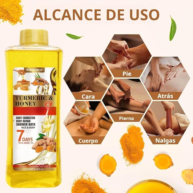 Turmeric & Honey Body Oil, Hydrating with Collagen & Sweet Almond Oil, 250ml, Moisturizing Nourishing for Face and Body Oil for All Skin Types, 8.45 fl oz