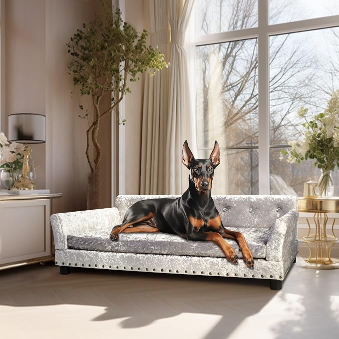 XL Dog Sofa Bed: Luxury Dutch Velvet Jumbo Pet Couch Furniture | Luxury Modern Indoor Dog Furniture, Elevated Wooden Frame Doggie Lounge Bed up to 132lbs, Replaceable Cover, Easy Clean