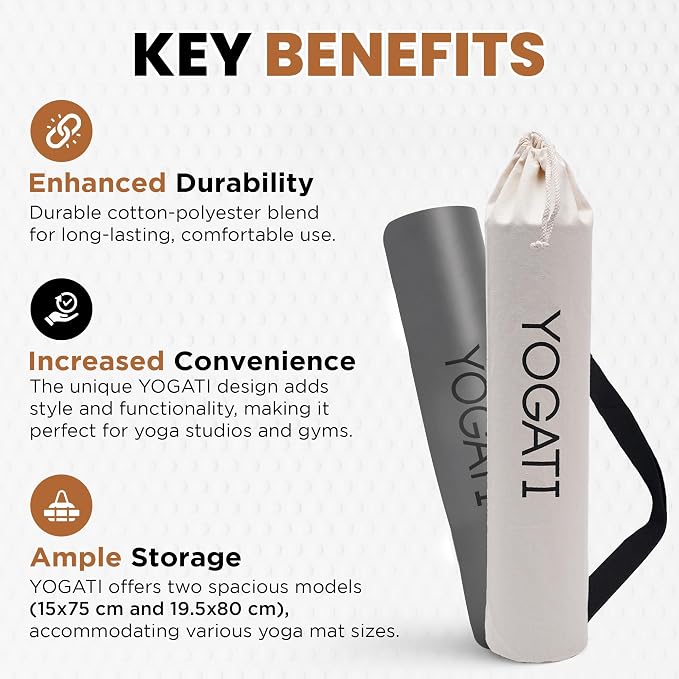 YOGATI® Cotton Yoga Mat Bag with Adjustable Strap | Durable Yoga Bag for Mats, Perfect for Pilates and Fitness Enthusiasts | Can Fit Thick and Even Wide Yoga Mats to Protect and Carry Around - Beige