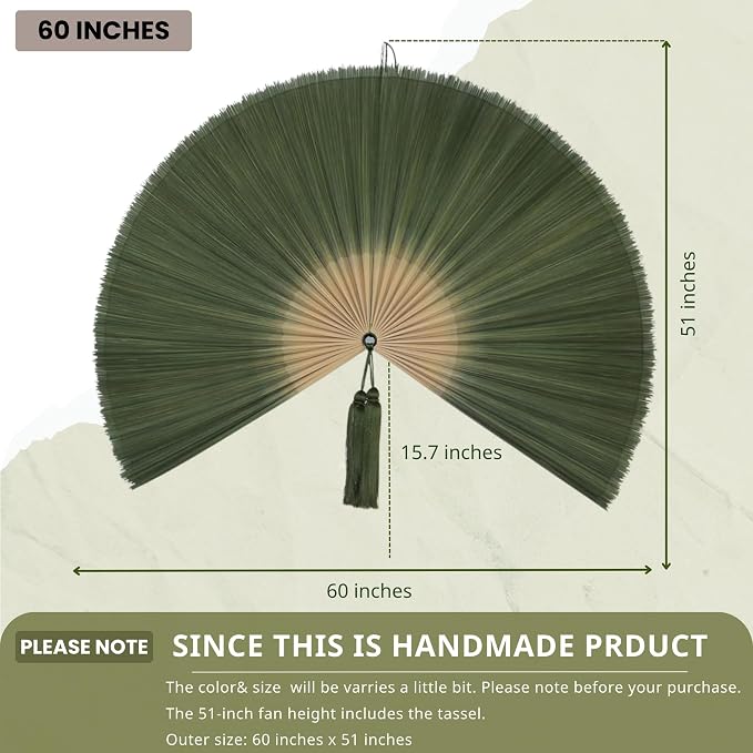 ChumDecor Bamboo Fan Wall Decor,Japanese Chinese Wall Fans,Large Bamboo Fan Wall Art for Boho Hanging Headboard, Decorative Folding Fans (Dark Moss Green 60inch)