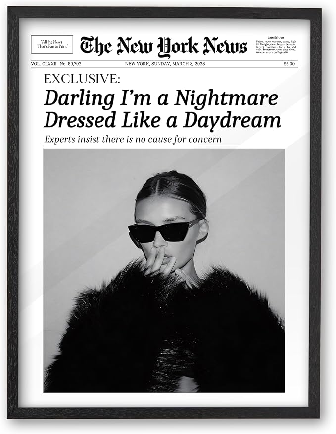 iHery 16x20in Darling I'm a Nightmare Framed Newspaper Wall Art | Premium Black OAK Wood Frame with Canvas Print, Vintage Fashion Decor for Bedroom, Dorm, Living Room and Gallery Wall, 1Pack