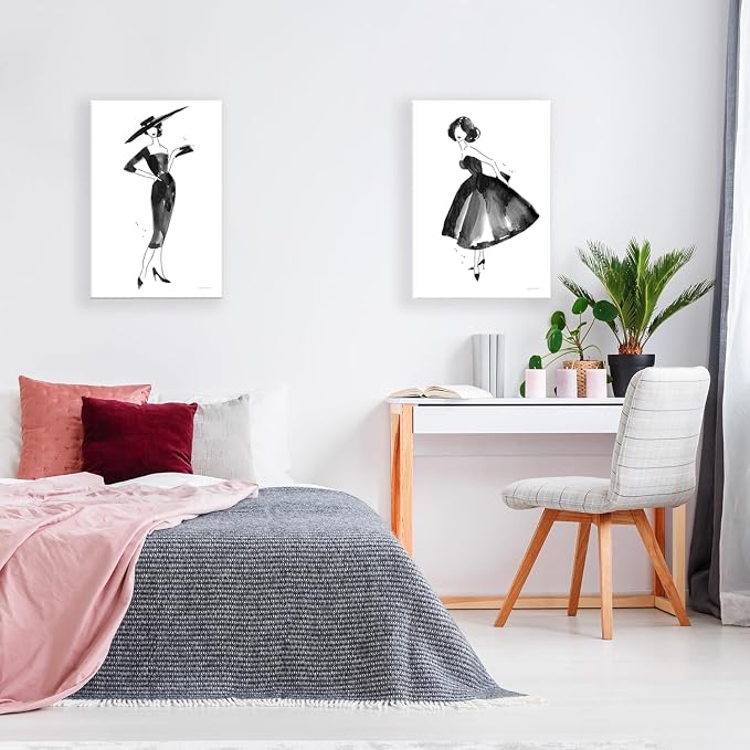 2 Pieces Fashion Women Canvas Wall Art Trendy Models Painting Black and White Funky Poster Pictures Framed Artwork for Bedroom Bathroom Makeup Room Decor 12"x16" (30cmx40cm)