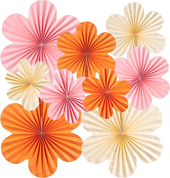 SUNBEAUTY Paper Flowers Decorations Pink and Orange for Wall Paper Fans Classroom Decoration Paper Floral Backdrop Decor Paper Fans Decor Hanging Paper Fans Orange Flower Wall Decor Set of 9