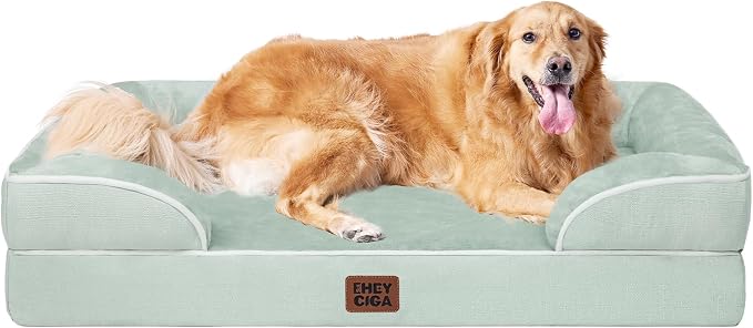 EHEYCIGA Orthopedic Extra Large Dog Bed, Waterproof Washable XL Pet Bed 44" | Non-Slip Bottom and Egg-Crate Memory Foam Big Dog Couch Bed with Washable Removable Cover, Sage Green, 44Inch