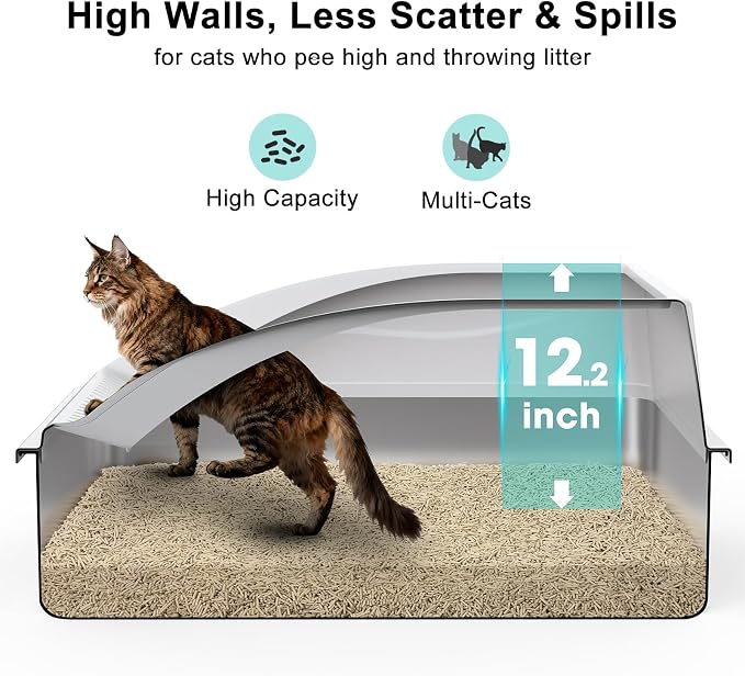 AIPERRO Stainless Steel Litter Box Extra Large for Big Cats and Multi-Cats | Jumbo Extra Large High Sided Metal Cat Box with Lid | Anti-Urine Leakage,Non-Stick & Easy to Clean | Include Litter Cat Scoop