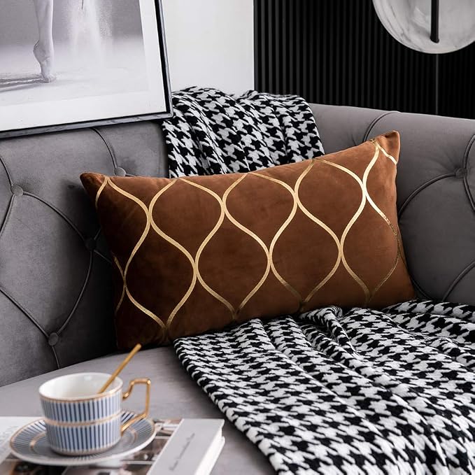 Gold Velvet Throw Pillow Covers: 2 Pack 12x20 Inch Rectangular Decorative Pillow Cases for Bedroom Sofa Couch Living Room, Light Brown