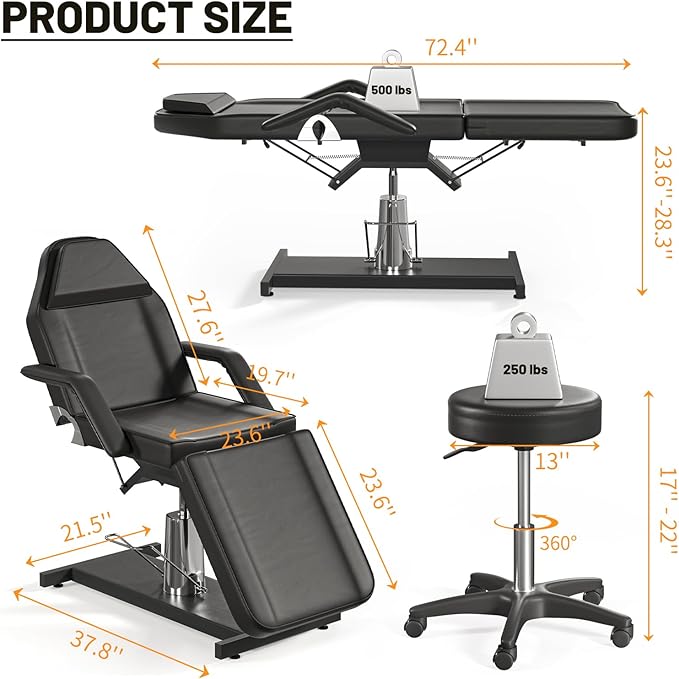 Hydraulic Tattoo Chair for Client with Stool Facial Chairs for Esthetician Bed Adjustable Facial Bed Spa Chair Massage Table